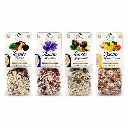 Risotto-Probierset von Gourmeza: vier Risotto-Sorten aus Italien nebeneinander