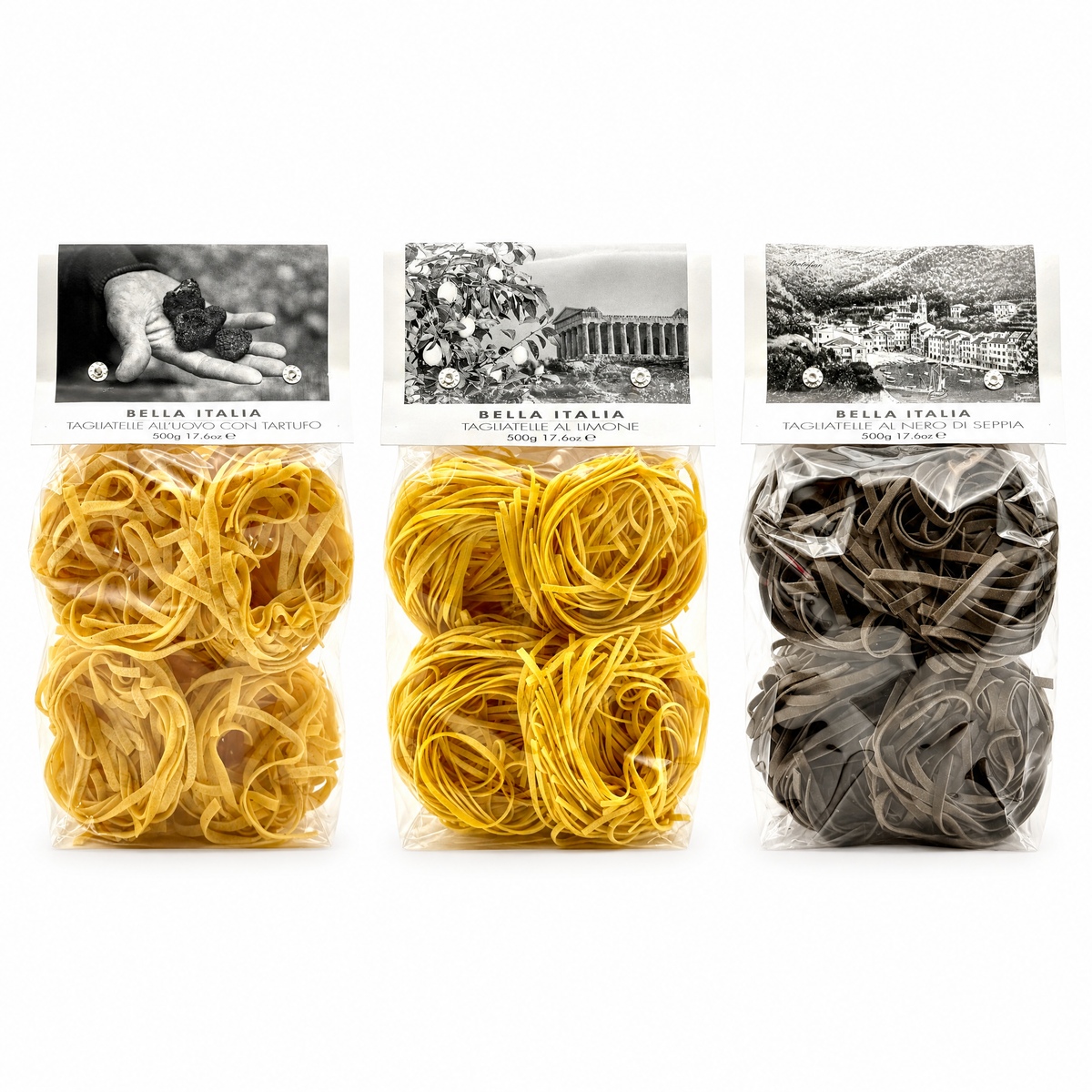 Pasta-Probierset von Gourmeza: Tagliatelle mit Trüffel, mit Zitrone und mit Tintenfischtinte nebeneinander